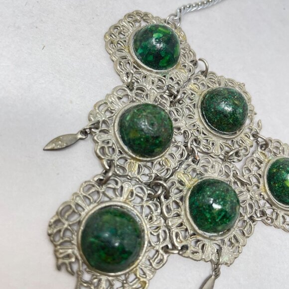 Vintage Boho Necklace Marked Jerusalem Green Natural‎ Funky Long Bib Silver-Tone - Picture 11 of 12